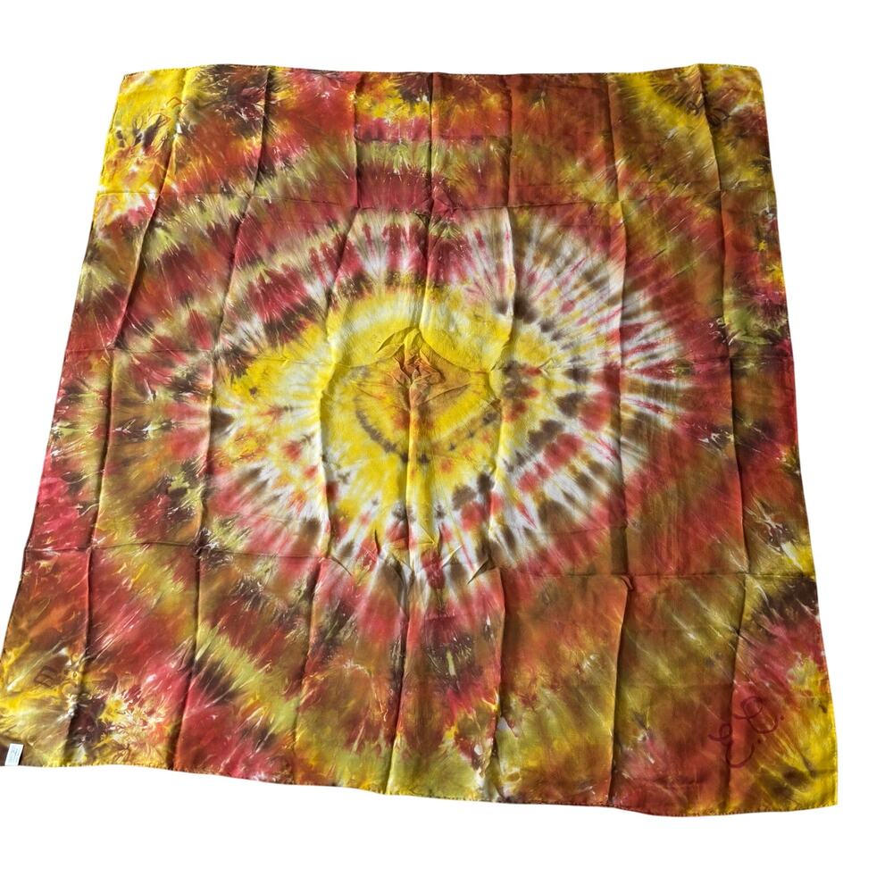 Hand Tie Dyed Silk Scarf Brilliant Yellow Gold Orange Large Square Boho Hippie